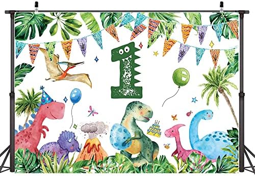 Hilioens 5 × 3ft dinossauros 1º aniversário de cantos de cartoon Dinosaur Boys Boys First Birthday Party Banner Decorações