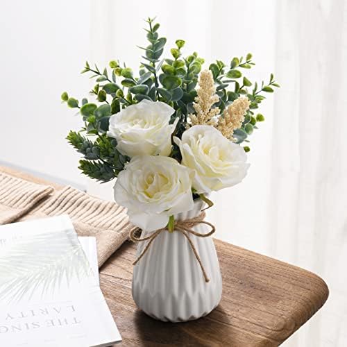 Cozzi Codi Flores falsas com vaso, decoração de mesa de jantar, flores artificiais rosas brancas em