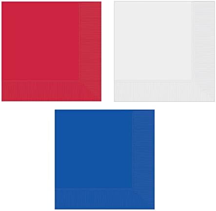 Pacote AMSCAN de guardanapos de almoço de valor, 6 1/2 x 6 1/2 guardanapos de papel - vermelho, branco e azul - 20 guardanapos por pacote - total de 60 guardanapos