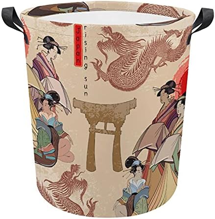 Japão Tradição Bolsa de Lavanderia com alças cesto de armazenamento à prova d'água em redonda dobrável 16,5 x 17,3 polegadas