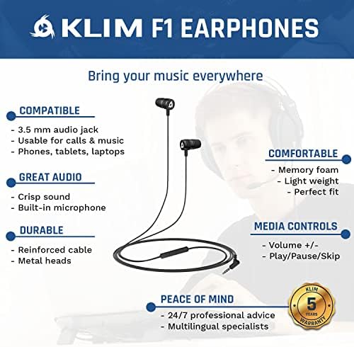 Klim F1 fones de ouvido com microfone + novo 2022 + Excelente qualidade de áudio + fones de ouvido de longa duração com microfone + 5 anos garantia + macaco de 3,5 mm em fones de ouvido + controles de mídia + fones de ouvido para jogos