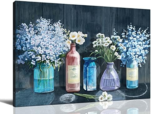 Arte da parede do banheiro HKDGOKA - Flor branca em vaso azul Decoração de banheiro - pinturas, lona