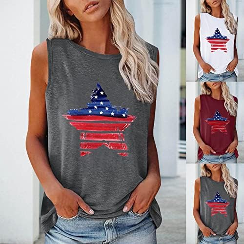 4 de julho Tampo de tanque de camisa para mulheres sem mangas camisa de pescoço American Flag Stars Stripes