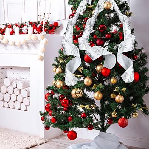 Fita com fio de floco de neve de natal, 2,5 polegadas x 12 jardas 2 rolos de cetim de cetim floco de neve com fio fita de borda de natal fita para presentes de árvore que envolve decorações de casa