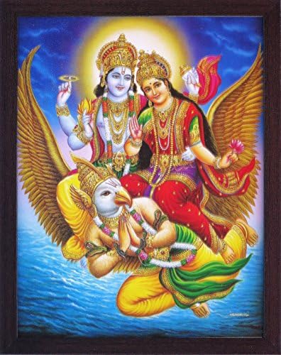 Supremo Hindu Senhor Vishnu com deusa Laxmi em Garuda dando bênçãos, uma pintura de pôster com enquadramento,