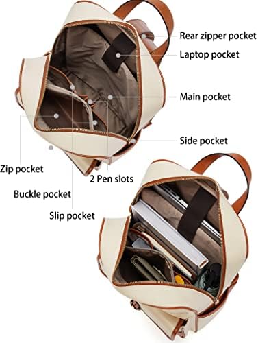 Mochila de laptop de couro Bostanten para mulheres 15,6 polegadas Bolsa de computadores de colégio Faculdade Daypack Bag Off-White com Brown