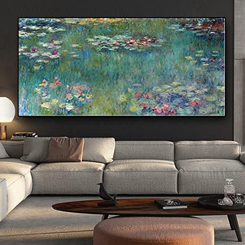 Wunm Studio CE Reprodução impressionista Claude Monet Lotus Lotus Pintura Arte da parede Pintura a óleo pintada à mão-Impressão retro nebulosa para sala de estar, verde, 70x140cm