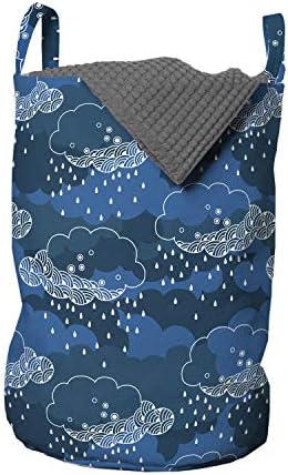 Bolsa de lavanderia azul e branca de Ambesonne, tema de clima de chuva de estilo desenhado à mão, cesto de cesto de cesto com alças fechamento de cordão para lavanderias, 13 x 19, azul azul azul escuro