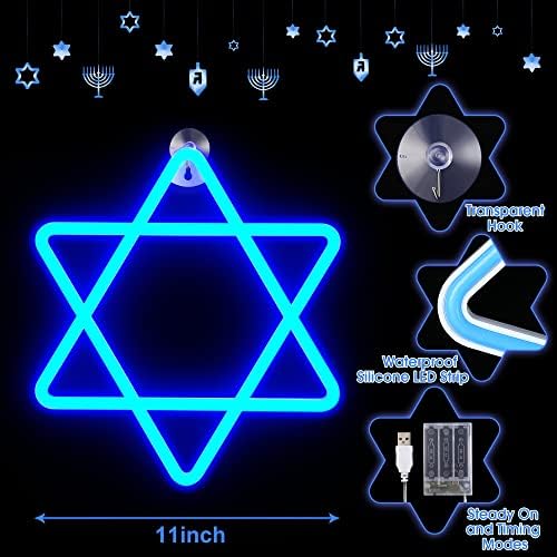 Decorações de Hanukkah Estrela de luzes de janela de neon azul de David, bateria de 12 polegadas e chanukah