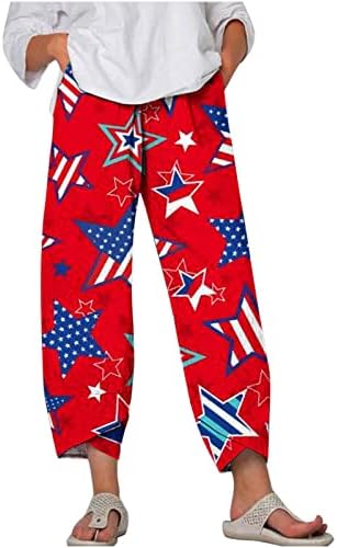 Qiguandz 4 de julho Estrela feminina Estrelas calças cortadas linho de algodão de altura da cintura calça de verão calças patrióticas de verão