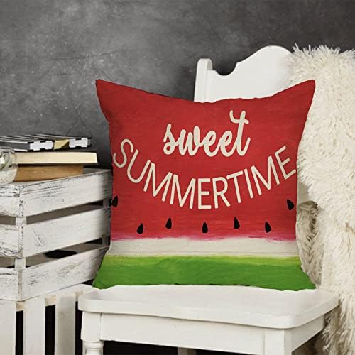 Softxpp Sweet Summer Time Decorativo Tampa de travesseiro, Decorações de casas de almofada de melancia vermelha Caixa de almofada de almofada sazonal, travesseiros quadrados de fazenda verde decoração de linho de algodão para sofá de sofá 18 x 18