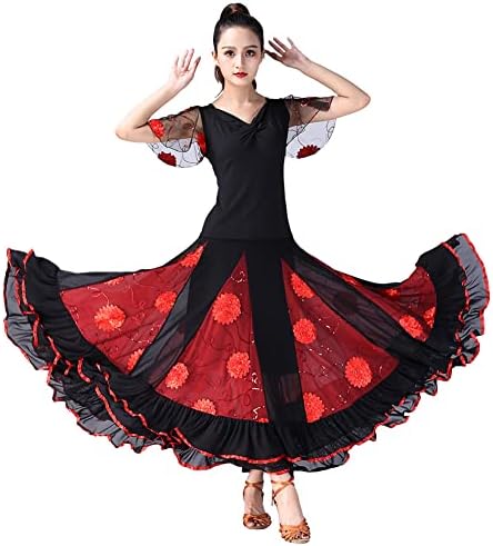 Vestidos de dança de salão para mulheres vestido de flamenco de flores longa saia folclórica com fantasia de alta performance