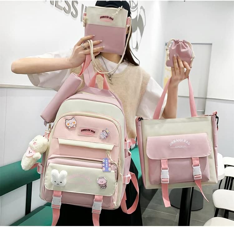 Mochila dahuoji kawaii Conjunto de mochila estética de 5pcs para adolescentes da escola Girls Daypack grande com pingentes e alfinetes, capa, bolsa, bolsa pequena