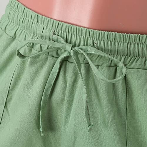 Calça de perna larga de linho casual de verão para mulheres calças de linho de cintura alta com bolsos soltos calças de praia de colorido puro