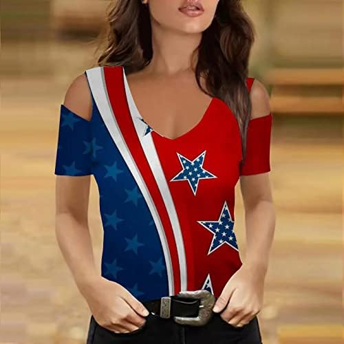 Ombro frio de mulheres 4 de julho Tops 2023 camisas patrióticas recortes de manga curta Blusa da blusa dos EUA T-shirt de impressão de bandeira