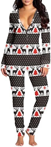 Pijamas de Natal Badhub para mulheres, pijama de um pedaço de botão com botão de botão de botão de botão funcional