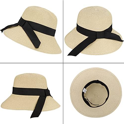 Meninas Straw Sun Hat Summer Beach Cap dobrável Chapéus de disquete ajustável largura larga com bowknot