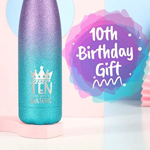 Presentes de aniversário para meninas de 10 anos - crianças garotos de água glitter - 17oz/500 ml de aço inoxidável garrafa de água isolada - Melhor presente para o 10º aniversário