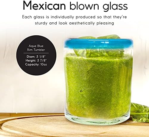 MEXHANDCraft Aqua Blue Rim Glasses 10 oz, conjunto de 6, copos artesanais mexicanos, vidro reciclado,