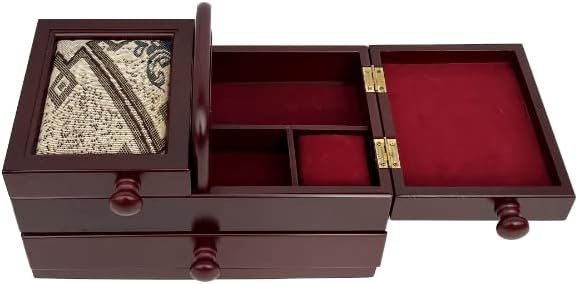 Pequena caixa de armazenamento de caddy de costura de madeira clássica com acabamento em madeira cereja, tampa