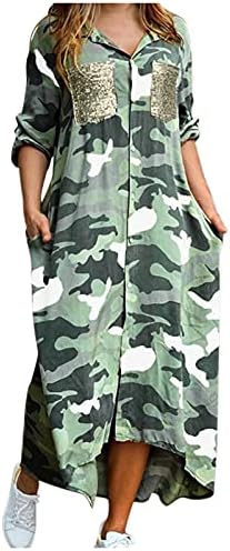 Mulheres maxi vestido comprido camuflagem impressão botão para baixo vestidos de camisa de manga comprida