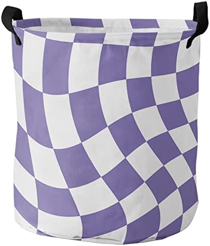 Cesta de lavanderia dobrável - 13,8 x 17 em cesto de lavanderia de armazenamento de armazenamento de xadrez branco roxo com alças, cestas de roupas à prova d'água de arte geométrica abstrata moderna para quarto/quarto de crianças