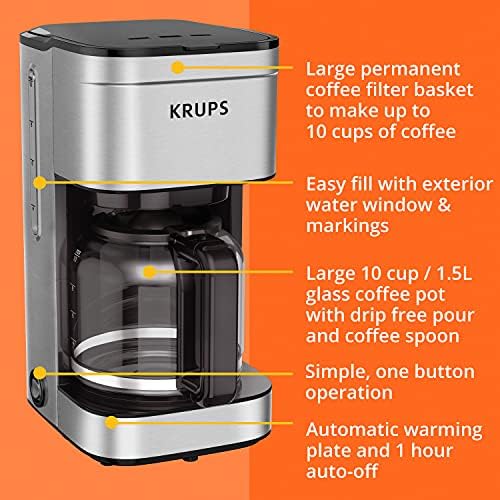 Krups simplesmente fabricam cafeteira de gotejamento em aço inoxidável 10 xícara de café 900 watts filtro