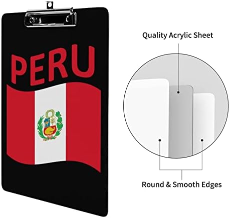 Bandeira do Peru Plástico Hard Plástico quadro de clipes acrílicos com clipe de clipe de clipe de baixo perfil A4 Tamanho da letra