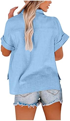 Camisas de manga curta feminina Summer V Botão de colarinho de pescoço para baixo camisa de tamanho grande blusa casual com bolso