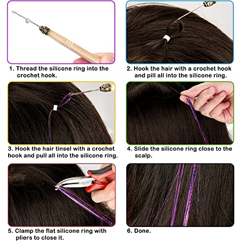 Kit de tinsel de cabelo, extensões de cabelo de ponta com ferramentas, kit de tinsel de cabelo de glitter resistente ao calor para meninas acessórios de cabelo para mulheres
