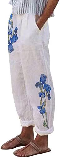 Calça de carga de linho de algodão casual feminino Capri Cargo