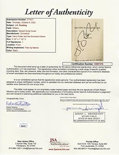 JK Rowling assinou o Autograph Miniature 7.5x5.5 Harry Potter e o roteiro completo do filme Feiticor da Feiticeira - Estrelando: Daniel Radcliffe, Emma Watson, Rupert Grint, Tom Felton, Maggie Smith, Richard Harris, Helena Bonham Carter, Gary Oldman, Ralph Fiennes - e A pedra do filósofo, a câmara