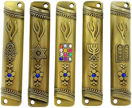 Conjunto de 5 casos judeus mezuzá judeus Hoshen 12 tribos de Israel Star of David Menorah Hamsa 10 Mandamentos Door Mezuza com rolagem 3,5 polegadas