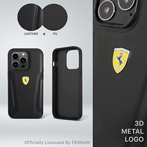 CG Mobile Ferrari Case de telefone para iPhone 14 em preto com lados carimbados a quente, couro real protetor, estojo durável e anti-arranhão com fácil encaixe, absorção de choque e logotipo de assinatura