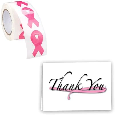 Consciência do câncer de mama Adesivos de fita rosa e pacote de cartões de nota obrigado - perfeito para eventos de conscientização sobre câncer de mama, grupos de apoio, decoração, captação de recursos e muito mais