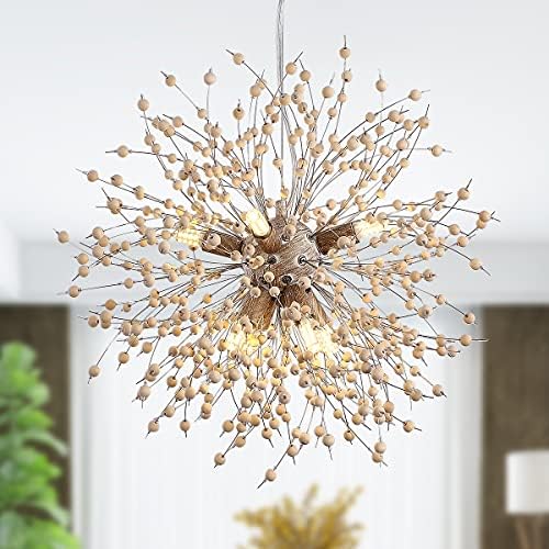 Eoodis Modern Wooden Beads Dandelion Candelier, iluminação de pingente de fogos de artifício,