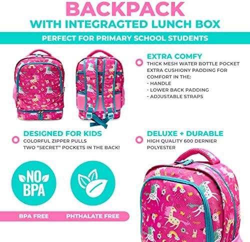 Pacote Kinsho de Bento Box Lunch-Box recipientes para crianças, adultos | 6 Compartamento BPA-Free + Unicorn Mackpack com lancheira para meninas