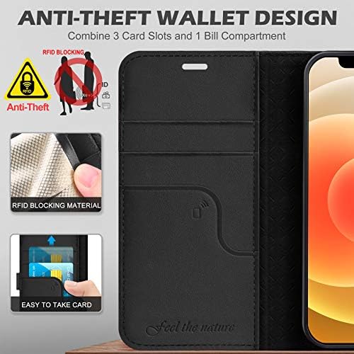 Caso Shieldon para iPhone 12 mini, caixa de couro genuíno Caixa de couro RFID Bloqueio de cartão de crédito Slots de fechamento magnético Caixa de proteção Folio Kickstand Compatível com iPhone 12 Mini 5G - Black