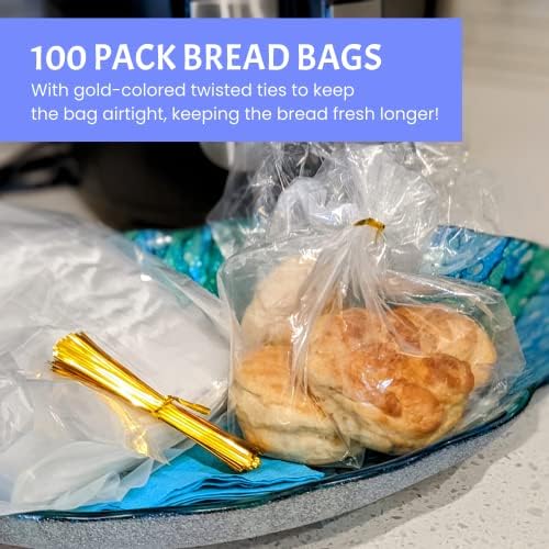 Sacos de pão de plástico reutilizáveis ​​para pão caseiro- 8x12 100 pacote de pão transparente com gravatas para uma preservação e armazenamento sem umidade para umidade para padeiros e proprietários de padarias