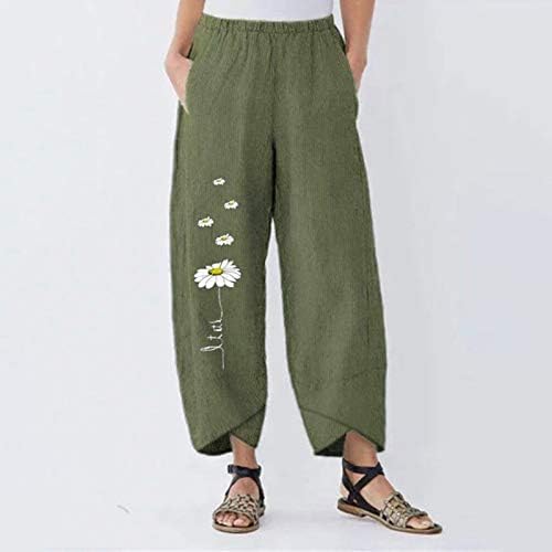 Calça de linho de algodão Capri Pants Womens Summer Casual Capri Pants com bolsos Alta cintura calça de praia Floral Harem Flory Troushers