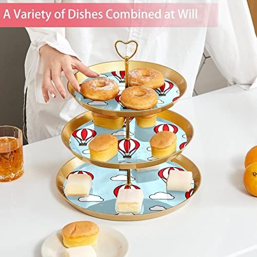 3 Placa de fruta de cupcakes de 3 camadas de sobremesa Plástico para servir suporte de exibição para casamento de aniversário Decorações de chá de chá de chá de bebê redondo, padrão de balão de ar quente com nuvens