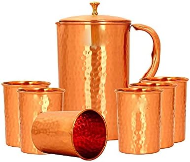 Atração Place Lacque revestido de cobre jarro com 6 vidro, design martelado, Diwali Anniversary Party Christmas Presente, 7 peças