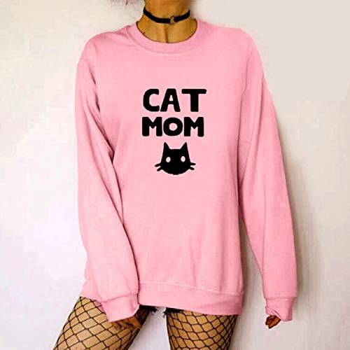 Sorto para mulheres, Fapizi Women Fashion Letter Cat Crew Pull Pullover Casual Manga longa Tampos de cores sólidas