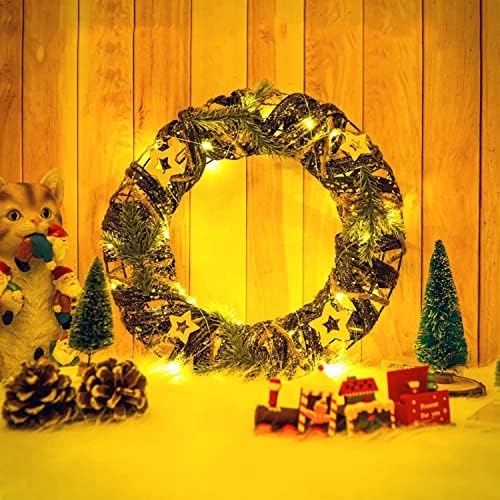 Christmas Wreath & Christmas Decoration 3 PC Round com Sprinkles e White Stars, Bateria pré-iluminada