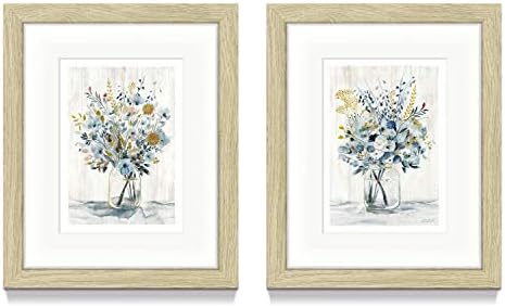 Arte de parede emoldurada de buquê floral - conjunto de 2 flores verticais em petiscos de arte de