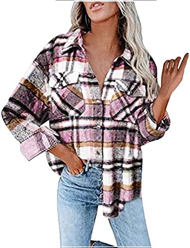 PrDeCexlu Cardigan longo de manga longa para mulheres Data de inverno Date Night Relaxed Fit Plaid camisa de lapela de bolso de bolso poliéster