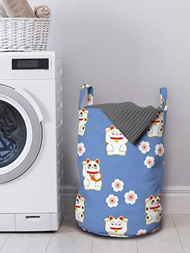 Bolsa de lavanderia de gatos de Ambesonne, repetitivo Maneki-Neko Motifs Japanese Inspirado, cesto de cesto com alças Fechamento de cordão para lavanderia, 13 x 19, azul azul escuro rosa escuro
