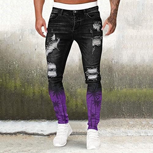 569 Men's Casual Hip Hop Sports High Stretch Strety Tight White Print Polishd Ripped Ripped Zipper calça jeans