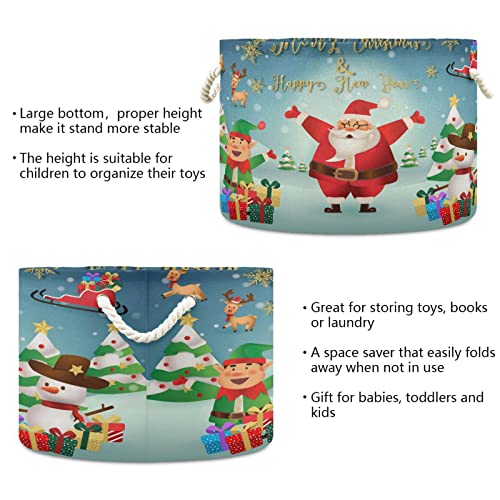 Kigai Christmas Papai Noel e Boneco de neve e cesto de armazenamento redondo com alça, cestas de lavanderia decorativa