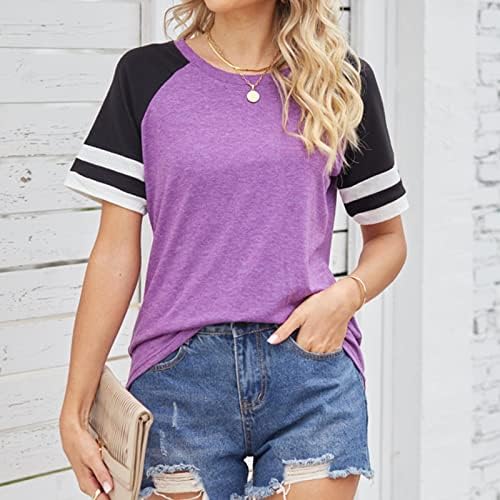 Tops for Women Summer Summer Casual Tunics Camisetas curtas Fashion Stripes Patchwork Crewneck Bloups confortáveis ​​soltas